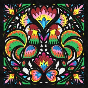 May include: A colorful paper cut design featuring two roosters facing each other, with intricate floral patterns and a butterfly in the center. The design is in shades of red, orange, yellow, green, blue, and pink.