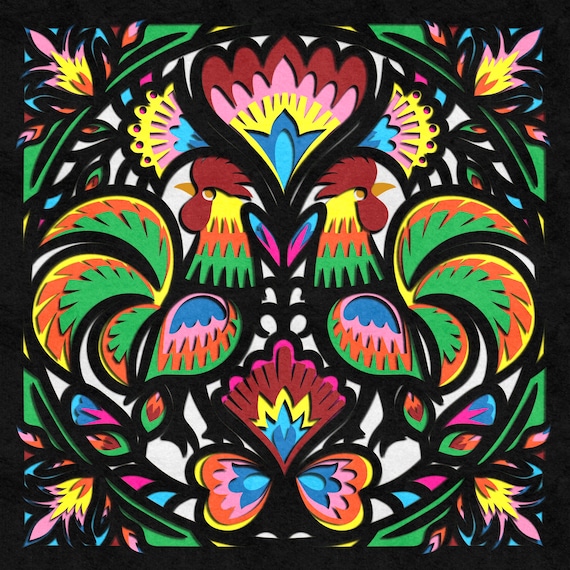 3D Wycinanki Rooster SVG: Polish Folk Art Shadowbox Template (Digital Download)