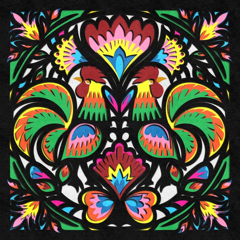 May include: A colorful paper cut design featuring two roosters facing each other, with intricate floral patterns and a butterfly in the center. The design is in shades of red, orange, yellow, green, blue, and pink.