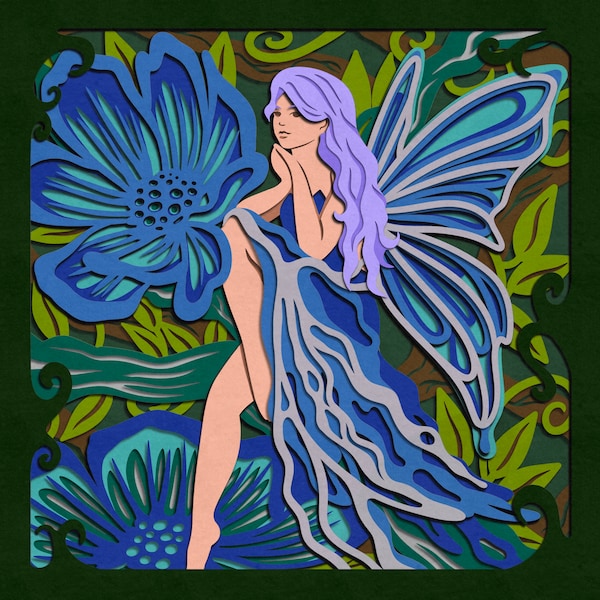 3D flower fairy layered SVG cut file, multilayer fae shadow box template for Cricut, Silhouette and Glowforge. Fantasy laser cut files
