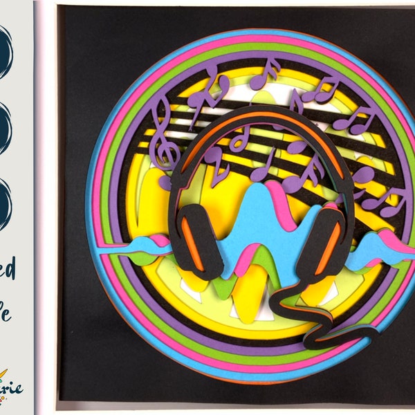 3D headphones SVG. DJ music SVG layered cut file for Cricut, Silhouette, cnc router and Glowforge. Music notes shadow box, musical dance svg