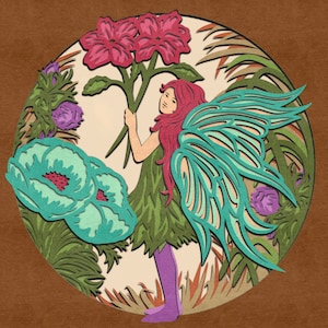 May include: A paper cut-out of a fairy with teal wings and pink hair holding a bouquet of pink flowers. The fairy is surrounded by green leaves and flowers.