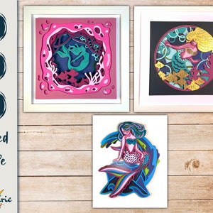 3D Meerjungfrau SVG Bundle, Shadow Box Layered Schnittdatei für Cricut, Silhouette, cnc Fräser und glowforge. Mandala schwimmende Meerjungfrau Set
