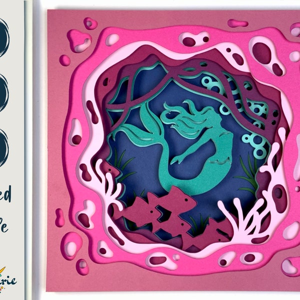 3D mermaid underwater SVG layered cut file for Cricut, silhouette, laser CNC router and Glowforge. Swimming mermaid shadow box