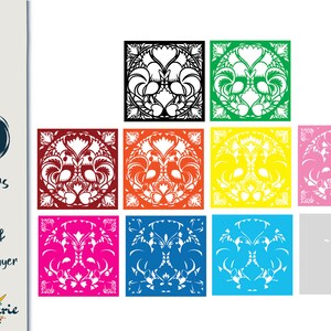 May include: A digital design file with 10 layers of a decorative rooster design. The design is shown in 10 different colors: black, green, red, orange, yellow, pink, magenta, blue, light blue, and gray. The design is perfect for creating a layered paper craft project.