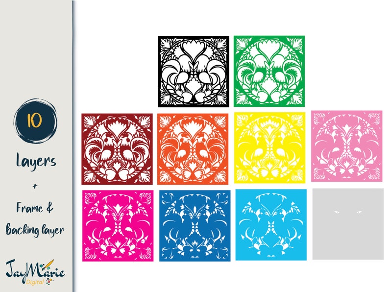 May include: A digital design file with 10 layers of a decorative rooster design. The design is shown in 10 different colors: black, green, red, orange, yellow, pink, magenta, blue, light blue, and gray. The design is perfect for creating a layered paper craft project.