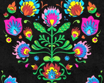 May include: A colorful paper cut-out design featuring a heart-shaped arrangement of flowers. The flowers are in shades of pink, blue, yellow, red, and green. The design is on a black background.