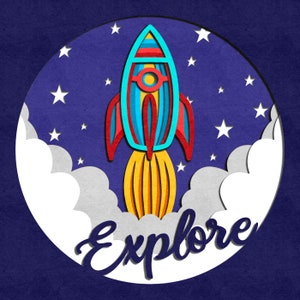 Arquivo de corte em camadas SVG de nave espacial 3D para cricut, silhueta, roteador cnc e glowforge. Caixa de sombra de foguete, arquivos de corte com tema espacial