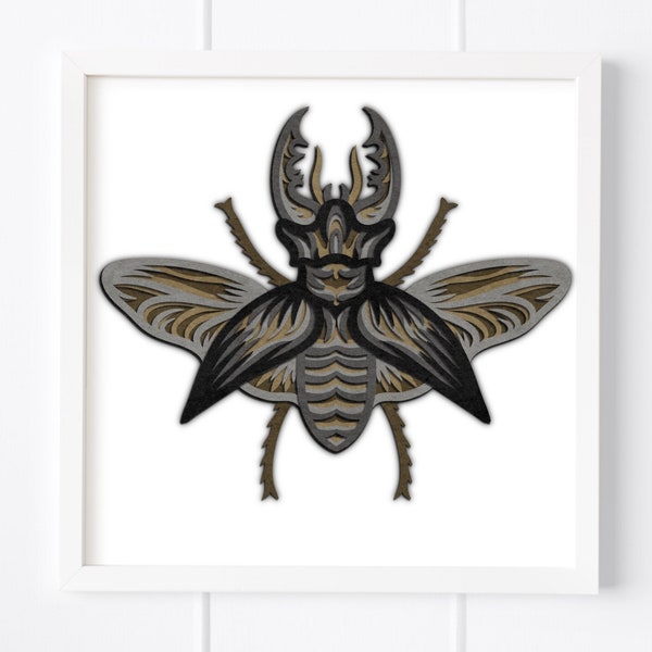 3D stag beetle insect SVG layered cut file, multilayer scarab beetle template for Cricut, Silhouette, and Glowforge.