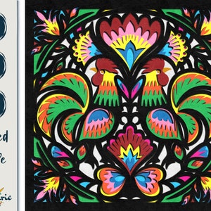 May include: A layered cut file design featuring two colorful roosters with intricate floral details. The roosters are facing each other and have a butterfly in the center. The design is perfect for creating paper crafts, greeting cards, and other projects.