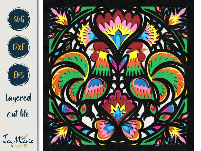 May include: A layered cut file design featuring two colorful roosters with intricate floral details. The roosters are facing each other and have a butterfly in the center. The design is perfect for creating paper crafts, greeting cards, and other projects.