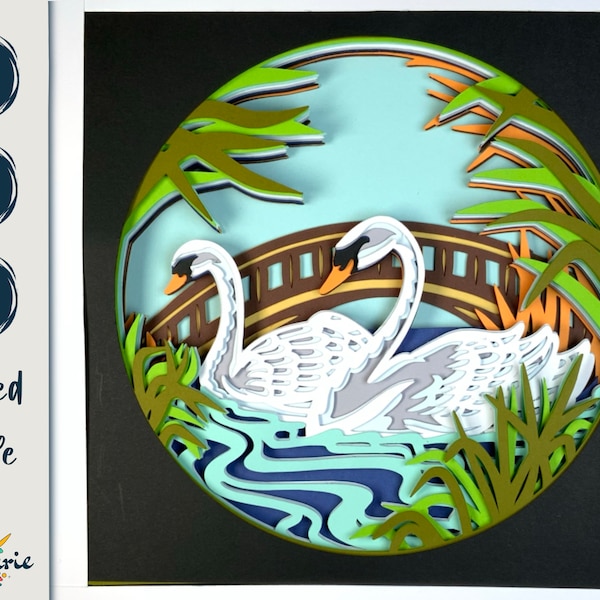 3D Swans SVG layered cut file for Cricut, silhouette, laser CNC router and Glowforge. Beautiful swan vector shadowbox SVG
