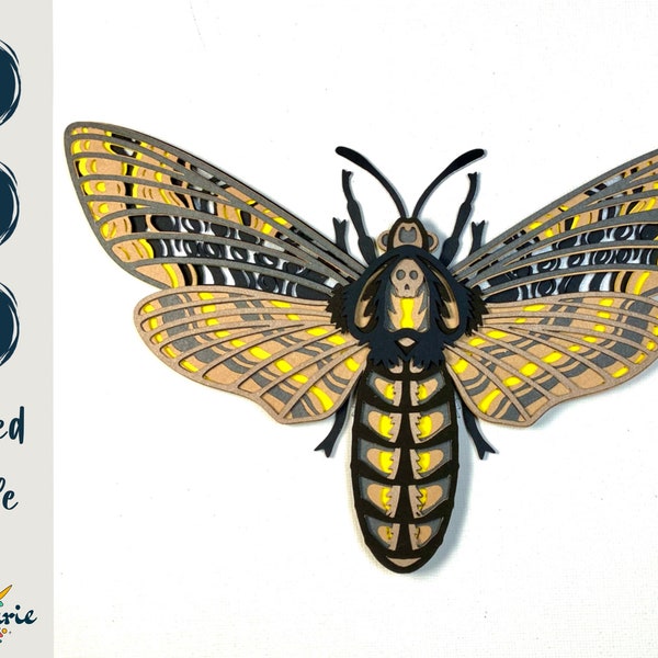 3D deaths head moth SVG layered cut file, hawkmoth insect multilayer template for Cricut, Silhouette, and Glowforge.