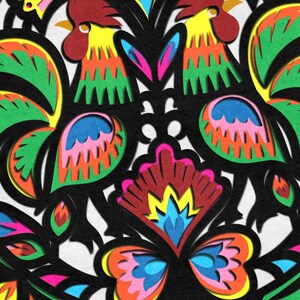 May include: A colorful paper cut-out design featuring two roosters facing each other, with a butterfly and floral elements in the center. The roosters are green, yellow, red, and blue, while the butterfly and flowers are a mix of bright colors.