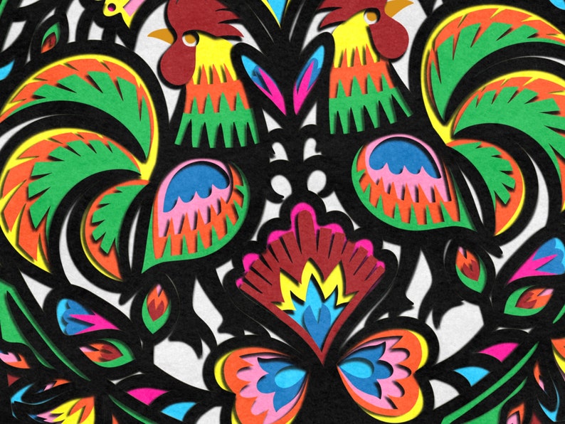 May include: A colorful paper cut-out design featuring two roosters facing each other, with a butterfly and floral elements in the center. The roosters are green, yellow, red, and blue, while the butterfly and flowers are a mix of bright colors.
