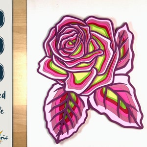 3D rose layered SVG, multilayer cut file for Cricut, silhouette and glowforge. Rose mandala CNC files for wood, 3D flower papercut SVG