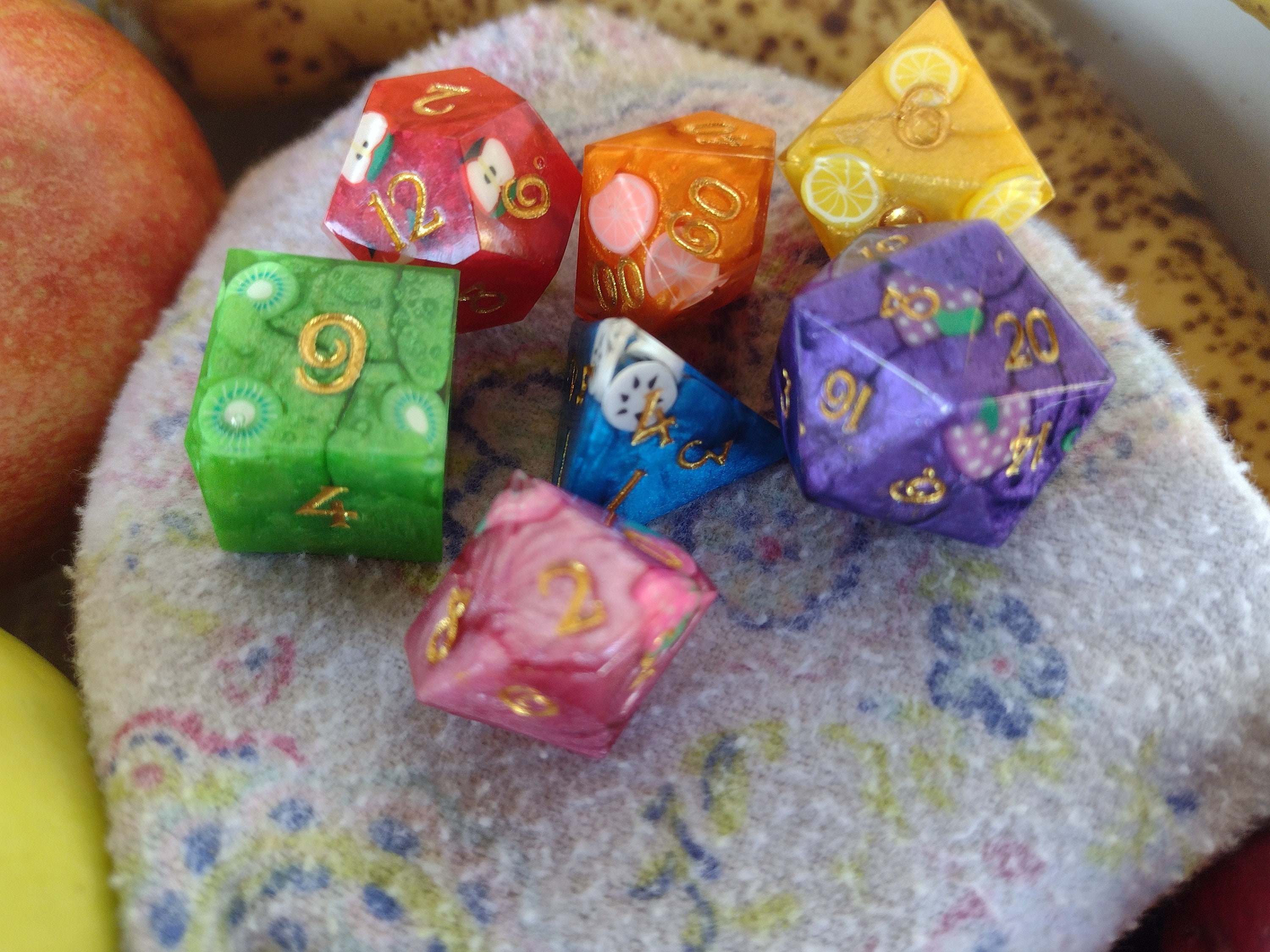 Set of 7 Polyhedral Sharp Edged Gaming Dice Fruit Rainbow Etsy