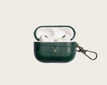 Personalized Croco Leather AirPods Case with Custom Gold Initials (Gen 2/3 Pro)