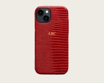 Lizard Gold Initials Phone Case for 13 14 15 16 17 pro max Case Crocodile Leather – Personalized Luxury Protective Cover