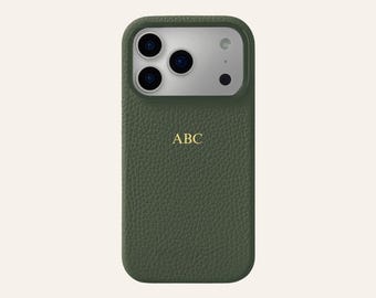 Monogram genuine Leather Phone Case – Personalized Protective Cover for iPhone 13, 14, 15, 16 17 18 Pro Max- Gift for her