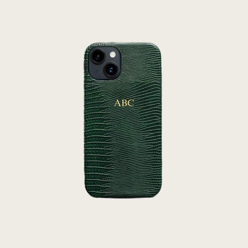a green, textured case with a gold "ABC" logo on the back.