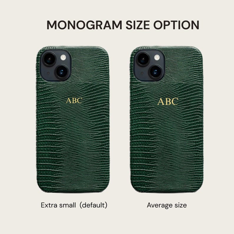 two different monogrammed green phone cases, each with a unique pattern and size. The text above the image indicates that there are two options available: "Monogram size option" and "Extra small (default) versus Average size".