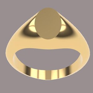 Può includere: Un anello con sigillo d'oro con una faccia ovale. L'anello ha una finitura liscia e lucida e un design classico. Il gambo è spesso e arrotondato e la faccia è leggermente rialzata. Un gioiello senza tempo.