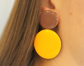 Yellow and Brown Statement Earrings, large size, retro and geometric by Dissimilar Atelier