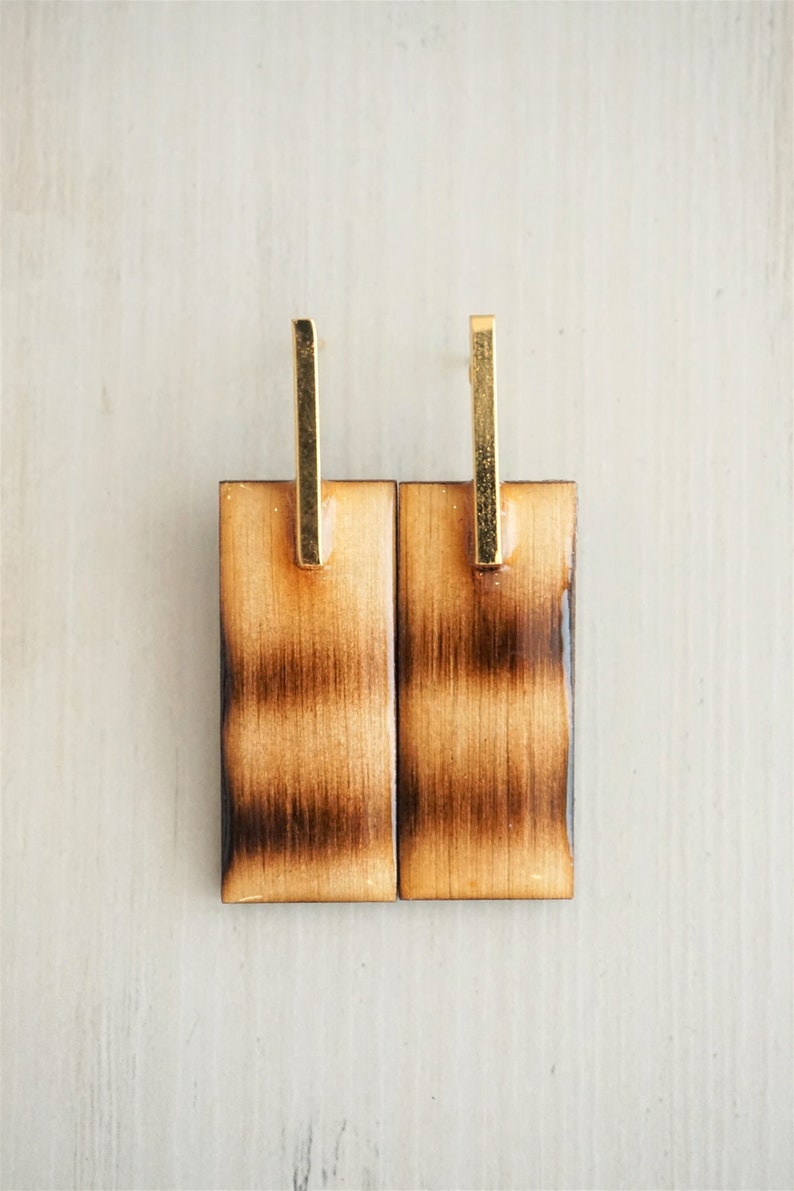 Natural Wood Rectangular Drop Earrings, Resin, glossy and shine, mid size by Dissimilar Atelier Zebra