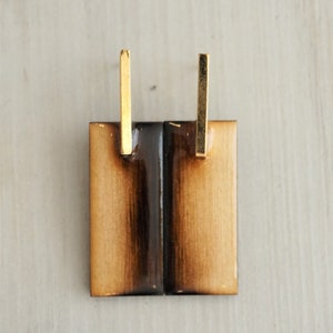 Natural Wood Rectangular Drop Earrings, Resin, glossy and shine, mid size by Dissimilar Atelier Black vertical