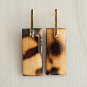 Natural Wood Rectangular Drop Earrings, Resin, glossy and shine, mid size by Dissimilar Atelier Dots
