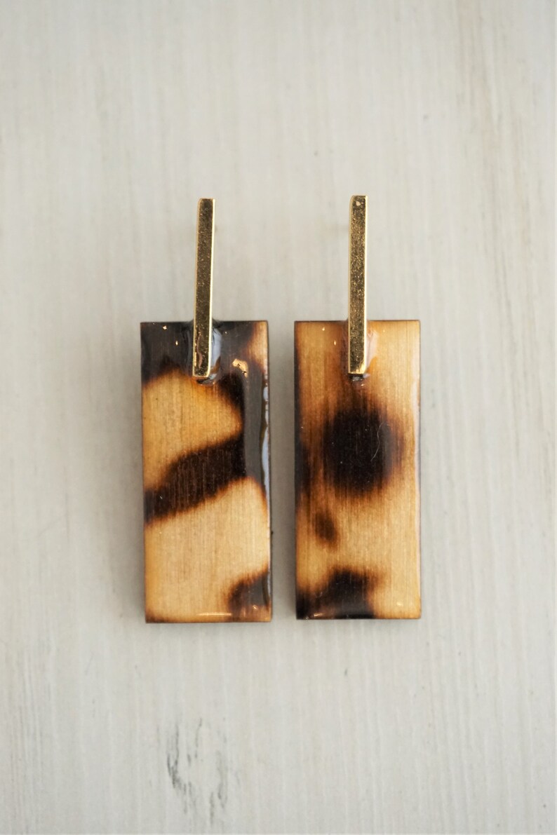 Natural Wood Rectangular Drop Earrings, Resin, glossy and shine, mid size by Dissimilar Atelier Dots
