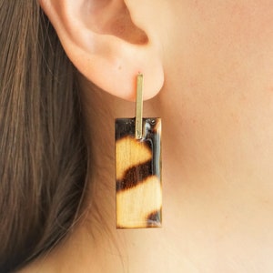 Natural Wood Rectangular Drop Earrings, Resin, glossy and shine, mid size by Dissimilar Atelier image 1