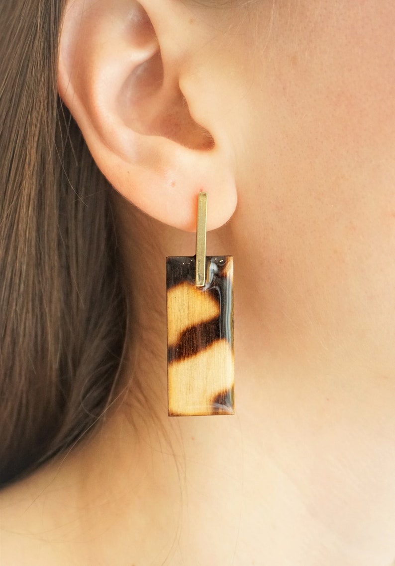 Natural Wood Rectangular Drop Earrings, Resin, glossy and shine, mid size by Dissimilar Atelier image 1