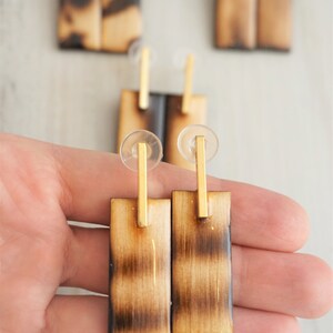 Natural Wood Rectangular Drop Earrings, Resin, glossy and shine, mid size by Dissimilar Atelier image 9