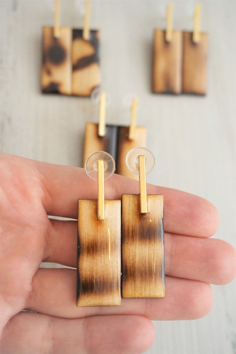 Natural Wood Rectangular Drop Earrings, Resin, glossy and shine, mid size by Dissimilar Atelier image 9