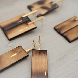 Natural Wood Rectangular Drop Earrings, Resin, glossy and shine, mid size by Dissimilar Atelier image 8