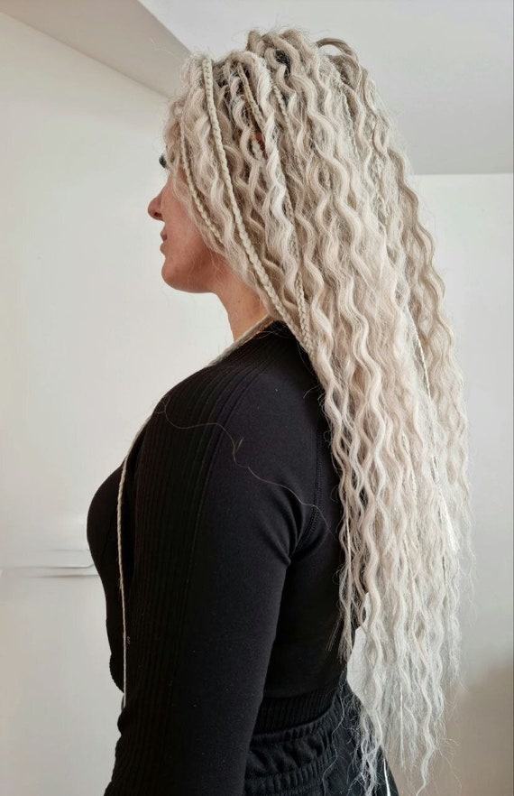 White Blond Set of Curly Dreads Extensions Wavy Dreadlocks Open Dreads and  Braids 