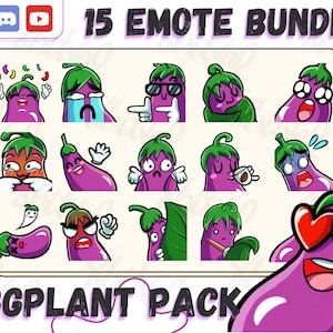 15 Cute Eggplant Emotes for Twitch and Discord / Veggie / Eggplant emote bundle