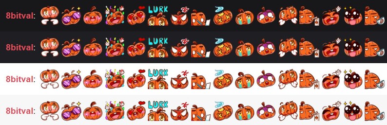 A set of Pumpkin emotes is displayed as an example for Twitch chat.