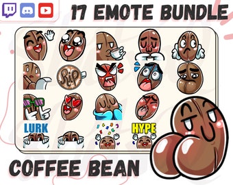 Emotes de feijão de café para Twitch, Discord, YouTube. Fluxos temáticos de café, personagem fofo de feijão de café