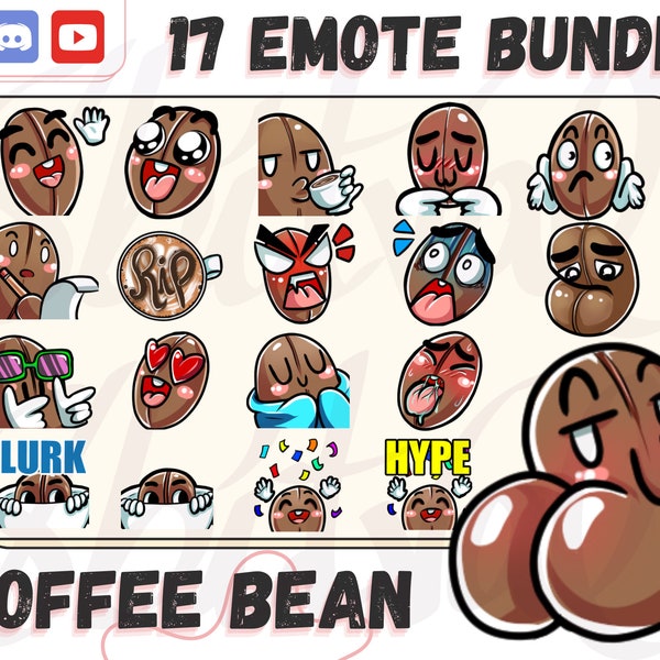 Kaffeebohne Emotes für Twitch, Discord, YouTube. Kaffee Themenbäche, süße Kaffeebohne Charakter