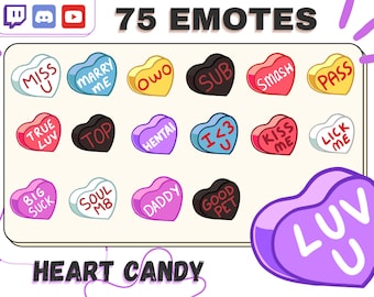 75 Heart Candies Emotes for Twitch, Discord, YouTube. Valentine's Day themed streams, Love, Sweethearts.