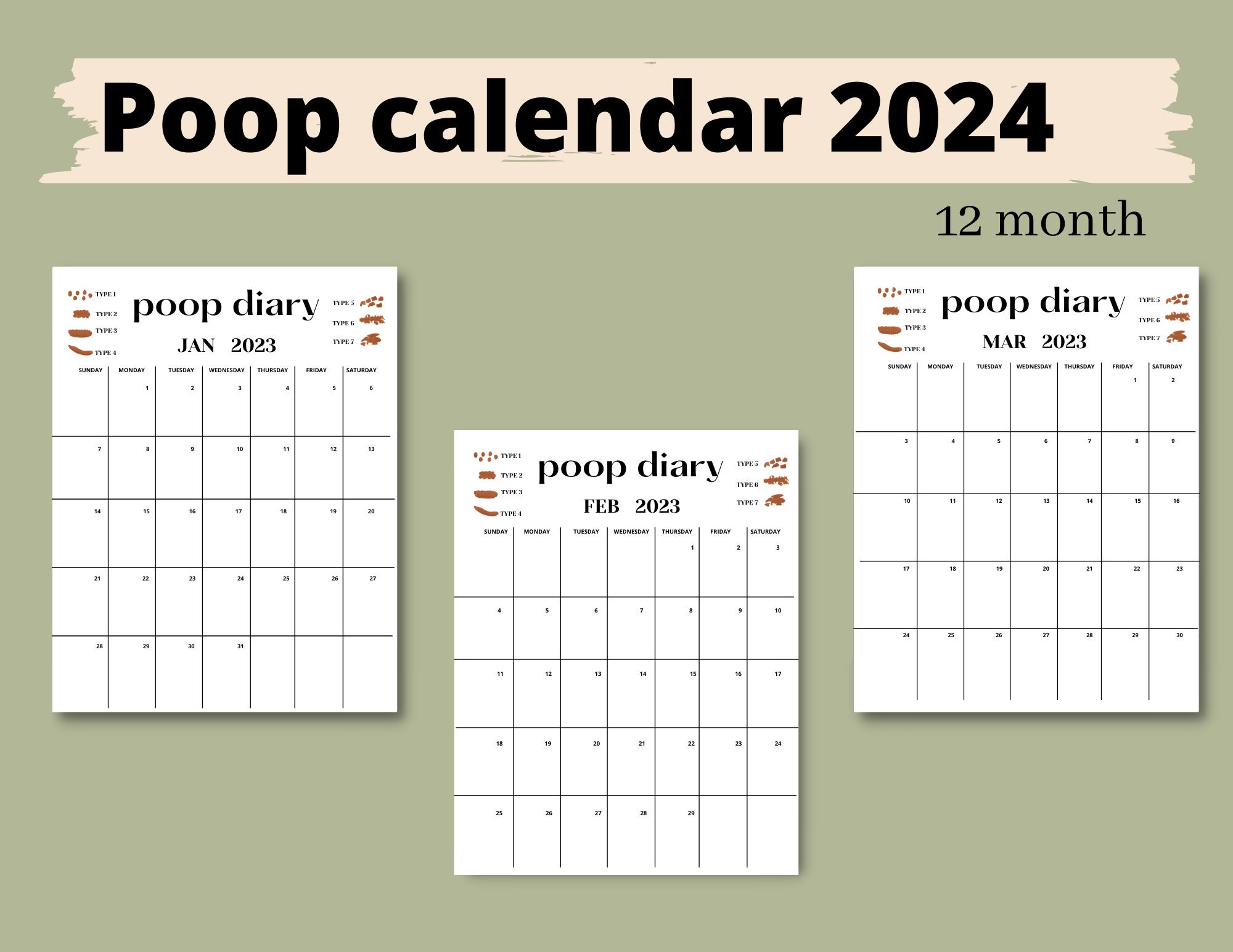 2024 Poop Calendar,stool Tracker,bristol Chart,bowel Movement Journal