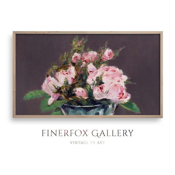 Frame TV Art, Pink Rose Bouquet Oil Painting 'Moss Roses in Vase' by Manet (1882), Romantic Floral Art, Digital Download | T281