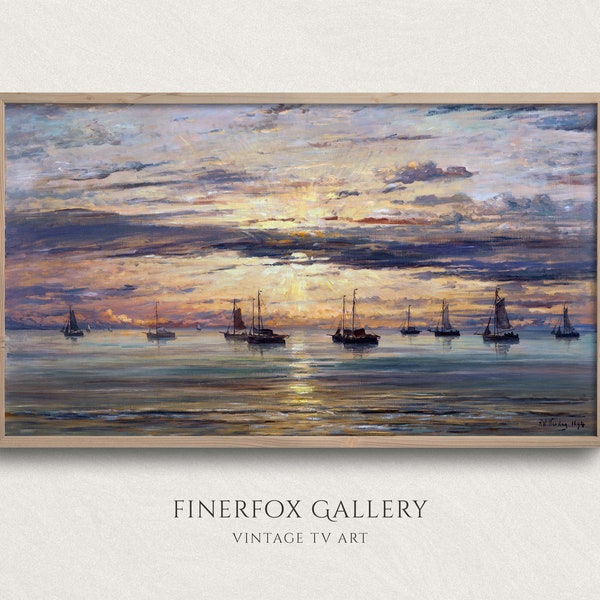 Samsung Frame TV Art | Vintage Sailboats at Sunset Painting | Nautical Seascape Painting | Vintage Samsung Art | Digital Download