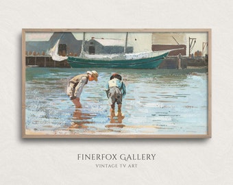 Samsung Frame TV Art | Vintage Children Looking for Shells in River Oil Painting | Nautical Art | Digital Download | T104