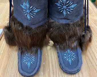 Native American Hand Crafted Blue Leather Beaver Fur Beaded Mukluks Boots Women's - Indigenous Arts and Crafts - Made in Canada