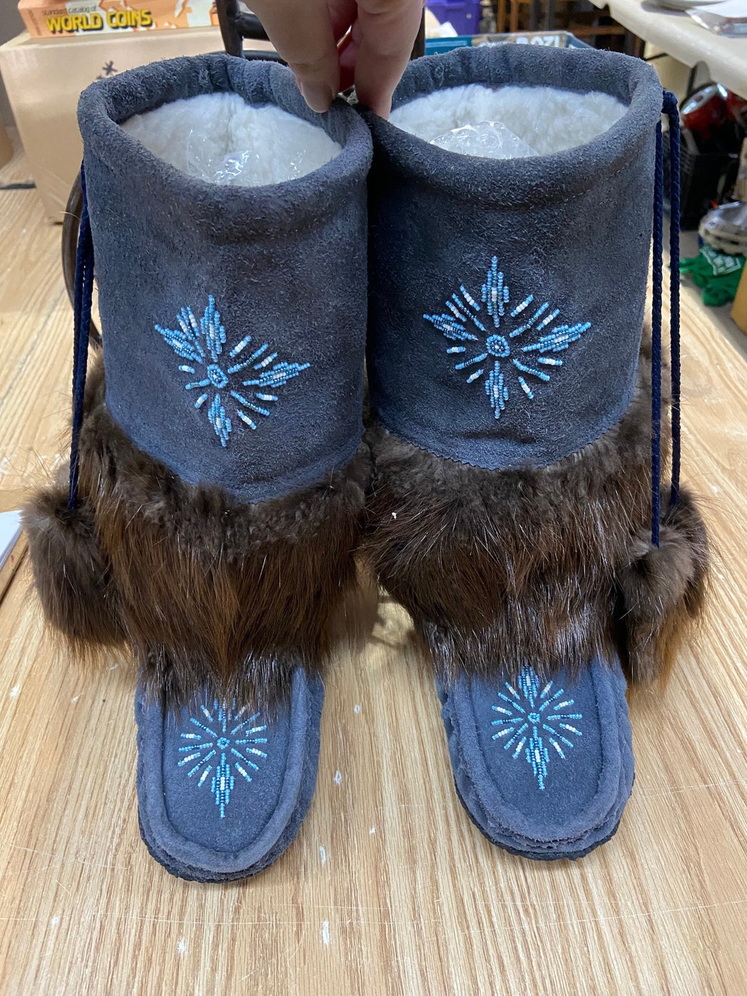 Native American Hand Crafted Blue Leather Beaver Fur Beaded Mukluks