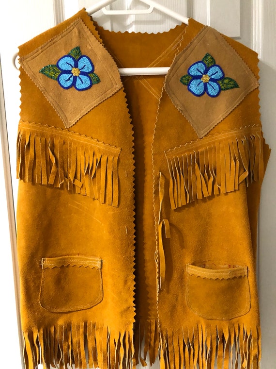 Native American Tanned Leather Vest Blue Floret With Fringes